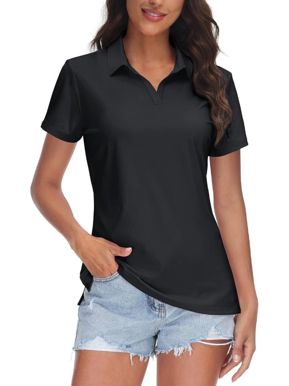 Women's 01-black V-Neck Polo Shirts UPF50+ Short Sleeve Golf Collared Tops